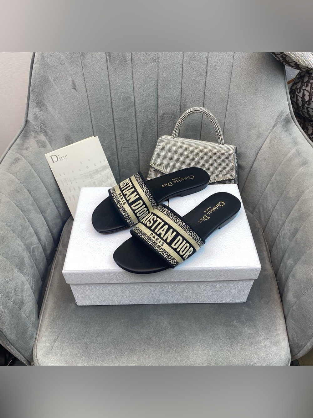 Dior Dway Slide Sandals Black‑White Logo Embroidered Webbing Flat Slides